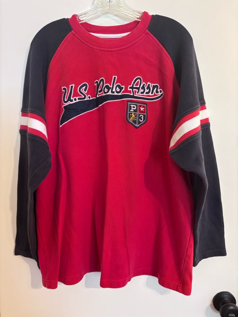 U.S. Polo Assn. Red Sweatshirt with Black Raglan Sleeves and Stripe Detail